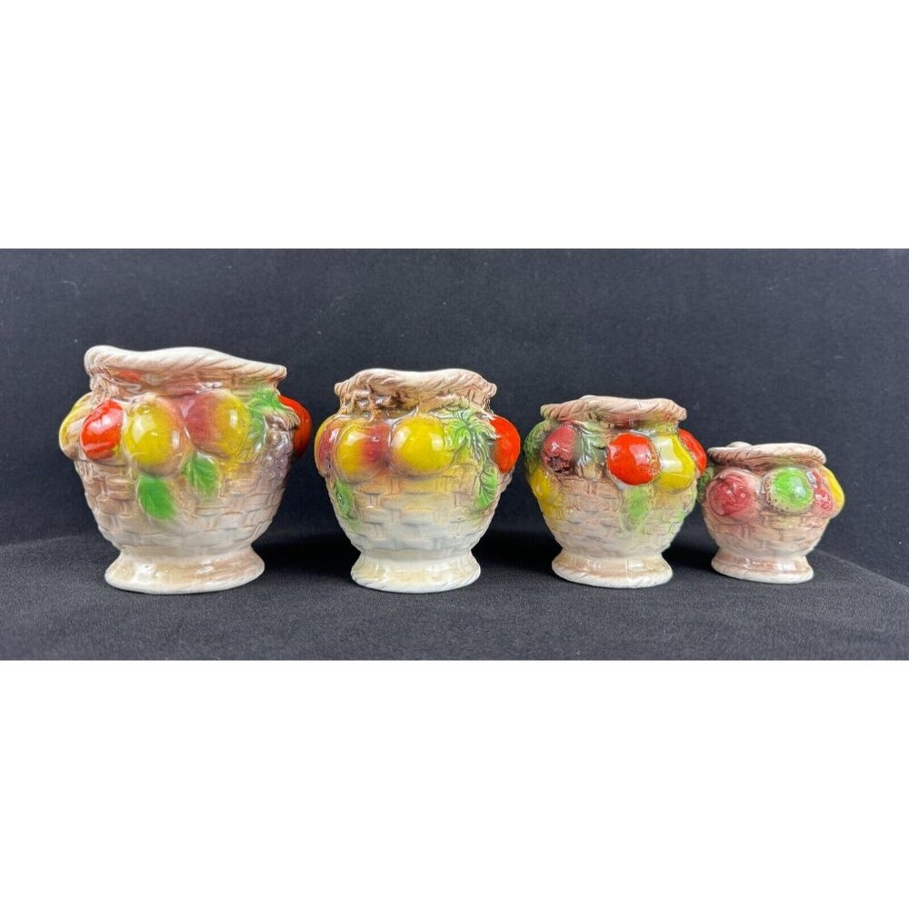 Vintage Ceramic Fruit-Themed Measuring Cup Set Hand-Painted Japan Basket Weave - Picture 2 of 10